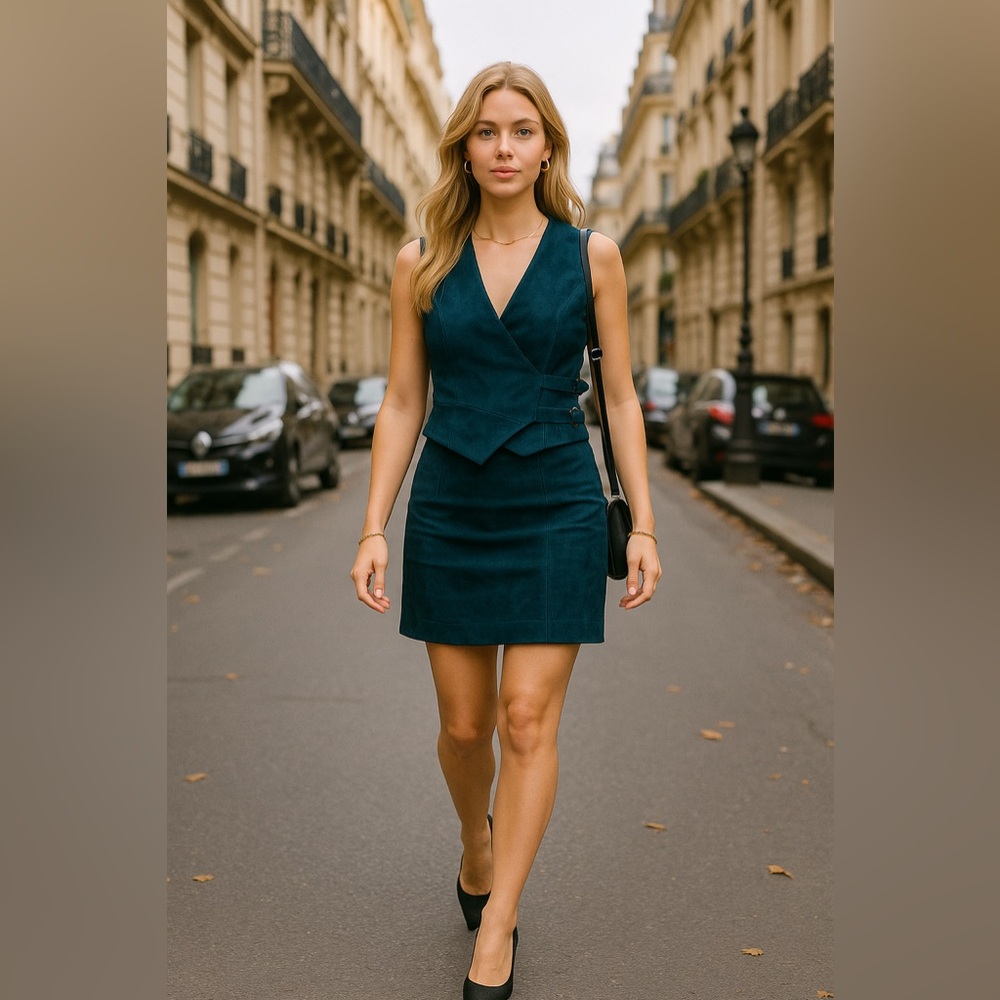Suede Vest and Skirt Set,  Teal in Colour and is a US 2 in size.